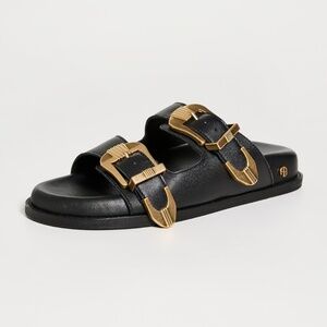 ANINE BING Waylon Slide Sandals - Black Leather Gold Buckles | Size 38